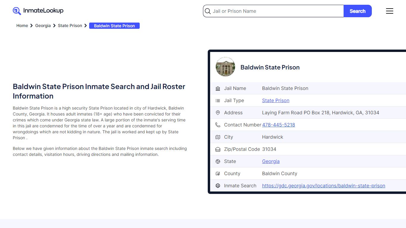 Baldwin State Prison Inmate Search and Jail Roster Information